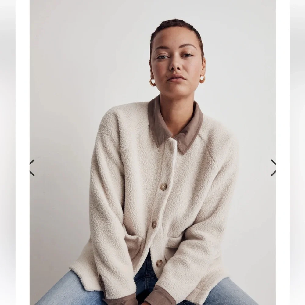 Madewell Corduroy-Trimmed (Re)sourced Sherpa Terry Chore Coat Large Brown Beige - Picture 3 of 16